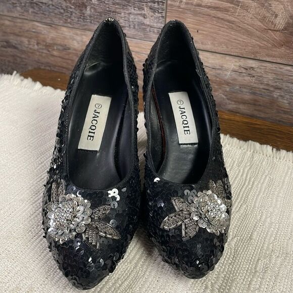 Jacqie Vintage Black Sequined High Heels, Black and Silver, Size 7 - Picture 1 of 9